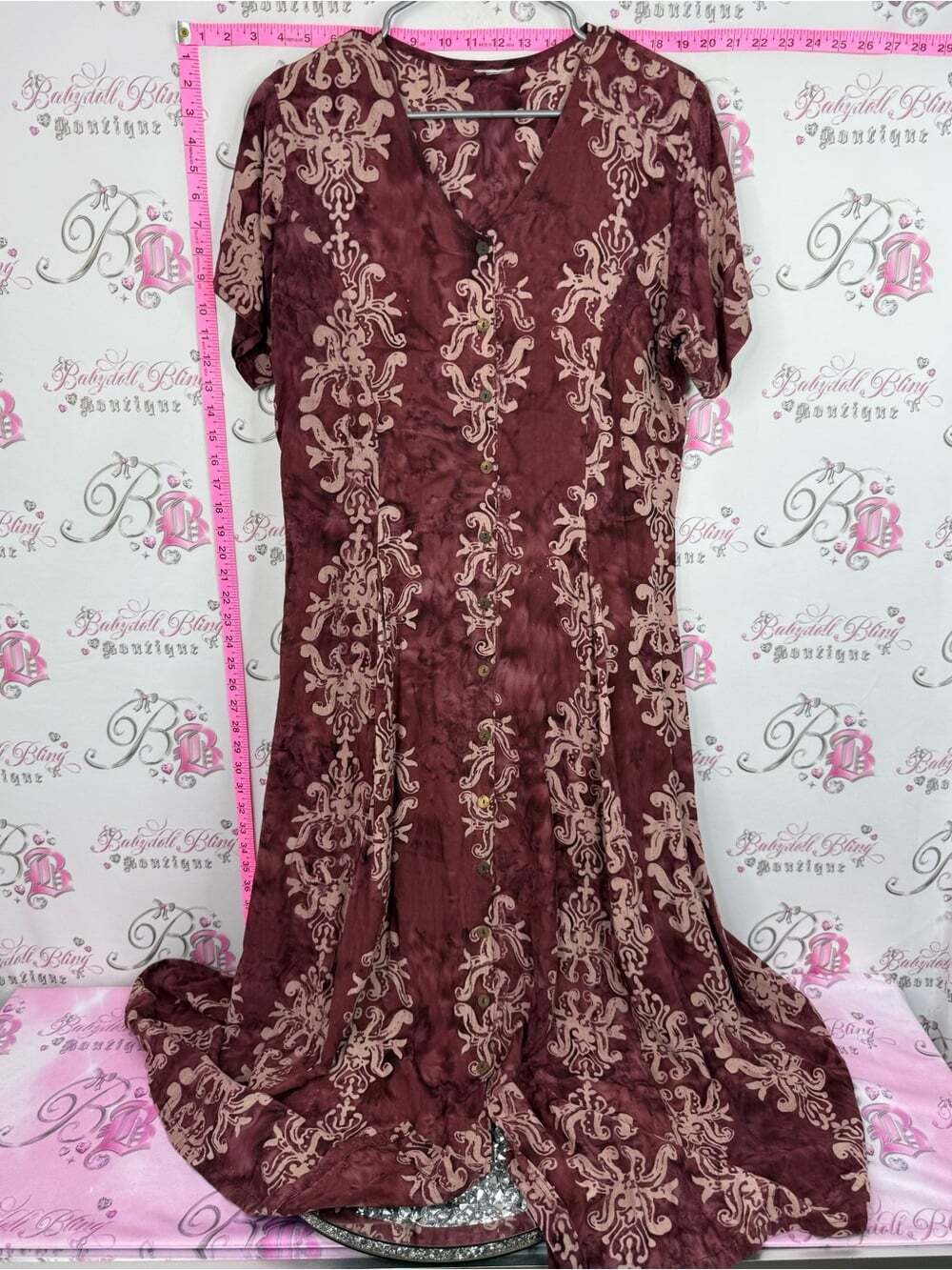 Dress button up long Vintage Women's Maroon Floral Print Dress